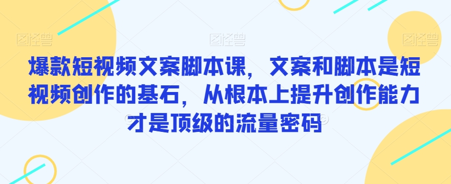 爆款短视频文案脚本课，文案和脚本是短视频创作的基石，从根本上提升创作能力才是顶级的流量密码-16888副业资讯