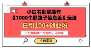 小红书批量操作《1000个野路子信息差》玩法，一分钟制作一个图文，不封号，日引100+创业粉-16888副业资讯