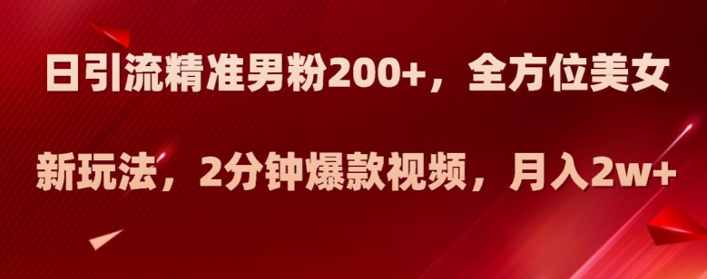 日引流精准男粉200+，全方位美女新玩法，2分钟爆款视频，月入2w+【揭秘】-16888副业资讯