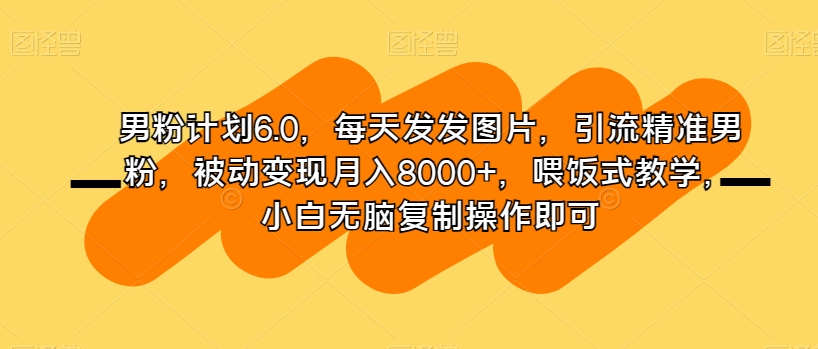 男粉计划6.0，每天发发图片，引流精准男粉，被动变现月入8000+，喂饭式教学，小白无脑复制操作即可-16888副业资讯