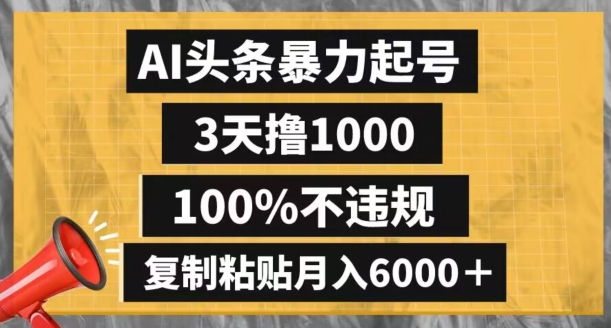 AI头条暴力起号，3天撸1000,100%不违规，复制粘贴月入6000＋【揭秘】-16888副业资讯