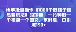 快手批量操作《1000个野路子信息差玩法》的项目，一分钟做一个视频一个图文，不封号，日引流150+【揭秘】-16888副业资讯