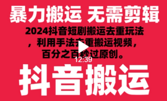 2024最新抖音搬运技术，抖音短剧视频去重，手法搬运，利用工具去重，达到秒过原创的效果【揭秘】-16888副业资讯