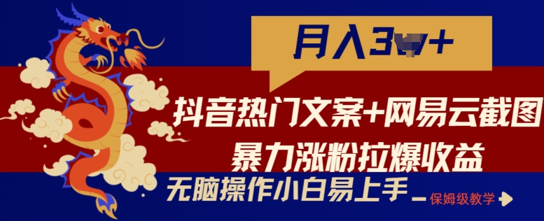 抖音热门文案+网易云截图暴力涨粉拉爆收益玩法，小白无脑操作，简单易上手【揭秘】-16888副业资讯