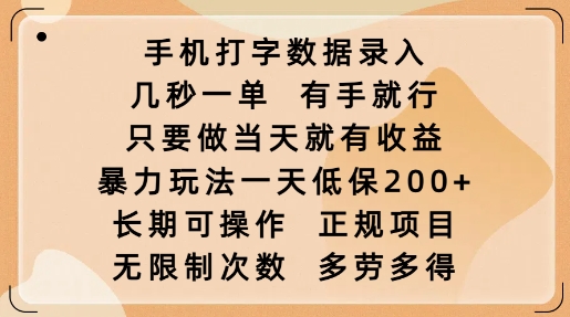 手机打字数据录入，几秒一单，有手就行，只要做当天就有收益，暴力玩法一天低保2张-16888副业资讯