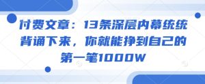 付费文章：13条深层内幕统统背诵下来，你就能挣到自己的第一笔1000W-16888副业资讯
