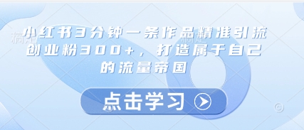小红书3分钟一条作品精准引流创业粉300+，打造属于自己的流量帝国-16888副业资讯