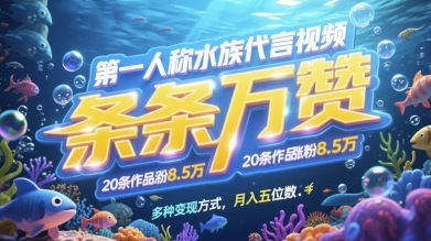 第一人称水族代言视频，条条万赞，20条作品涨粉7.8W，多种变现方式月入五位数-16888副业资讯