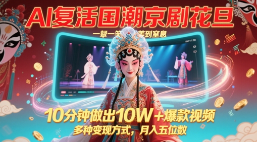 AI复活国潮京剧花旦，一颦一笑美到窒息，10分钟做出10W+爆款视频，多种变现方式，月入五位数-16888副业资讯