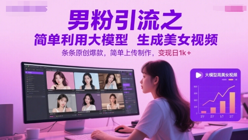 男粉引流之简单利用大模型生成美女视频，条条原创爆款，简单上传制作，变现日1k+-16888副业资讯