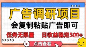 广告调研项目,会复制粘贴广告即可,任务无限量,日收益稳定5张【揭秘】-16888副业资讯