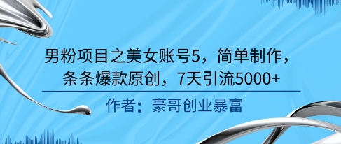 男粉项目之美女账号5，简单制作，条条爆款原创，7天引流5000+-16888副业资讯