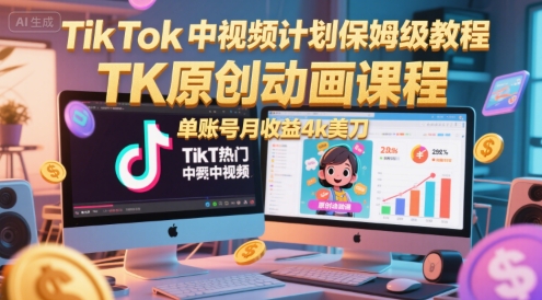 TikTok中视频计划保姆级教程，TK原创动画课程，单账号月收益4k美刀-16888副业资讯