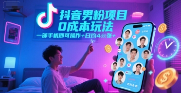 抖音男粉项目0成本玩法，一部手机即可操作，日均4张+，时间自由-16888副业资讯