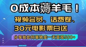 0成本薅羊毛!视频会员、话费卷、30元电影票白送，分享我如何靠转卖一天变现5张+【揭秘】-16888副业资讯