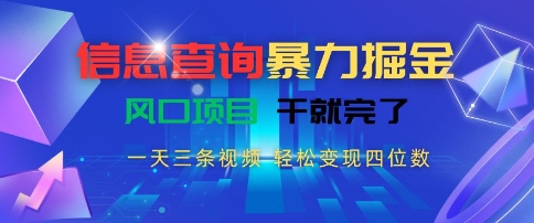 信息查询暴力掘金，一天三条视频，轻松变现四位数，风口项目干就完了【揭秘】-16888副业资讯