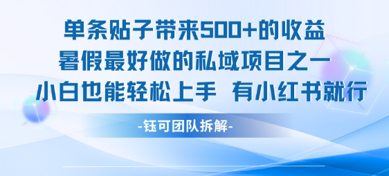 单条贴子带来5张的收益，暑假最好做的私域项目之一，小白也能轻松上手，有小红书就行-16888副业资讯