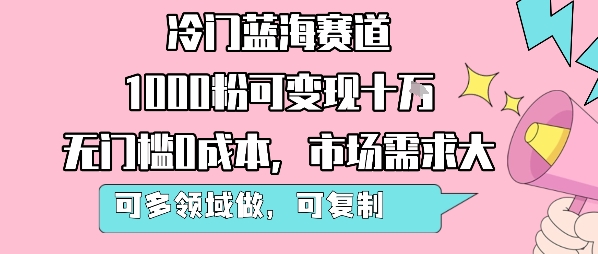 冷门蓝海赛道，1000粉可变现十W，无门槛0成本，市场需求大，可多领域做，可复制性强-16888副业资讯