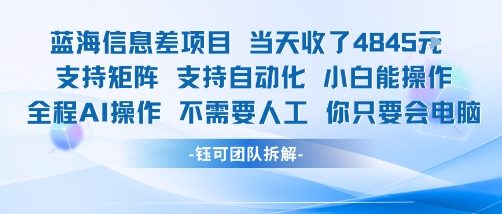 蓝海信息差项目当天收米1k+ 支持矩阵支持自动化小白能操作全程AI操作不需要人工你只要会电脑-16888副业资讯