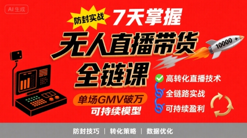 无人直播带货全链防封实战课，7天掌握高转化直播技术，实现单场GMV破万可持续模型-16888副业资讯
