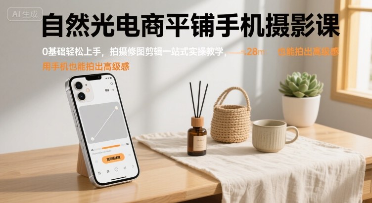 自然光电商平铺手机摄影课，0基础轻松上手，拍摄修图剪辑一站式实操教学，用手机也能拍出高级感-16888副业资讯