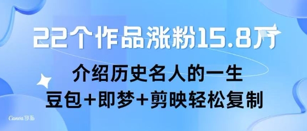 22个作品涨粉15.8W ，介绍历史名人的一生 ， 豆包+即梦+剪映轻松复制-16888副业资讯