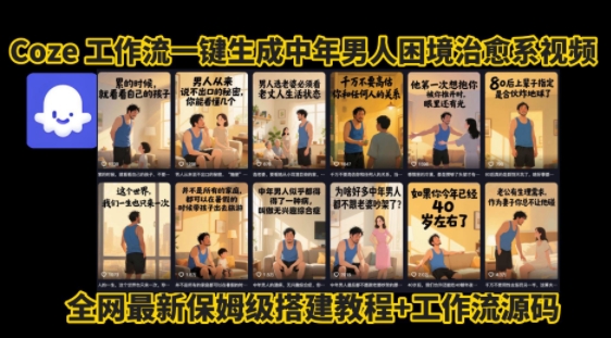 coze工作流一键生成”中年男人困境扎心高涨粉高播放量图文视频”保姆级拆解教程，无需剪辑，无需拍摄写文案-16888副业资讯