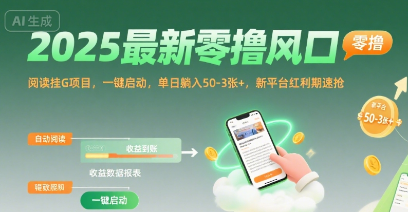 2025最新零撸风口，阅读挂G项目，一键启动，单日躺入 50-3张+，新平台红利期速抢【揭秘】-16888副业资讯