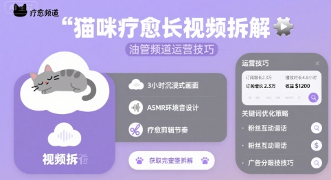 猫咪疗愈长视频拆解 &油管频道运营技巧-16888副业资讯