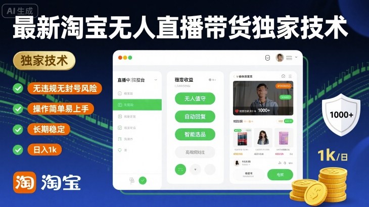 最新淘宝无人直播带货独家技术，无违规无封号风险，操作简单易上手，长期稳定日入1k【揭秘】-16888副业资讯