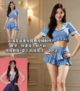 AI海军装美女跳舞视频制作教学，快速涨千粉万粉，视频教程+提示词(绘图词、动作词)-16888副业资讯