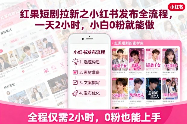 红果短剧拉新之小红书发布全流程，一天2小时，小白0粉就能做-16888副业资讯