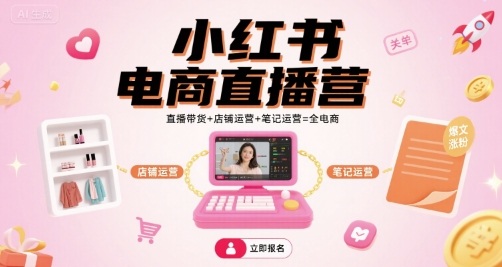 小红书电商直播营，直播带货+店铺运营+笔记运营=全电商-16888副业资讯