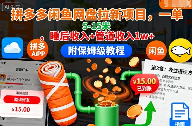 拼多多闲鱼网盘拉新项目，一单5-15米，睡后收入+管道收入1w+（附保姆级教程）-16888副业资讯