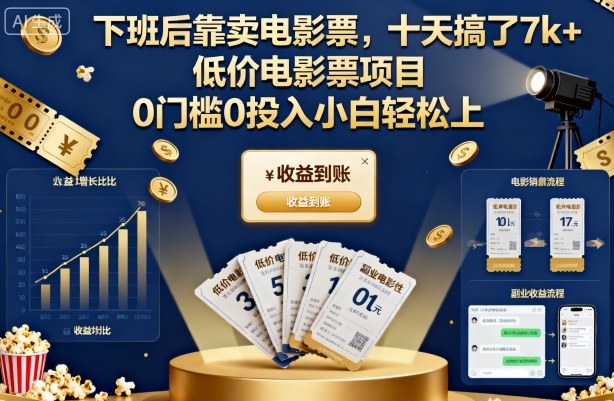 下班后靠卖电影票，十天搞了7k+，低价电影票项目，0门槛0投入小白轻松上手【揭秘】-16888副业资讯