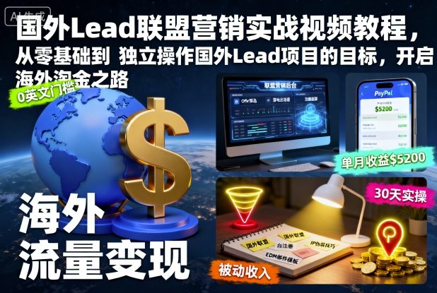 国外Lead联盟营销实战视频教程，从零基础到独立操作国外Lead项目的目标，开启海外淘金之路-16888副业资讯