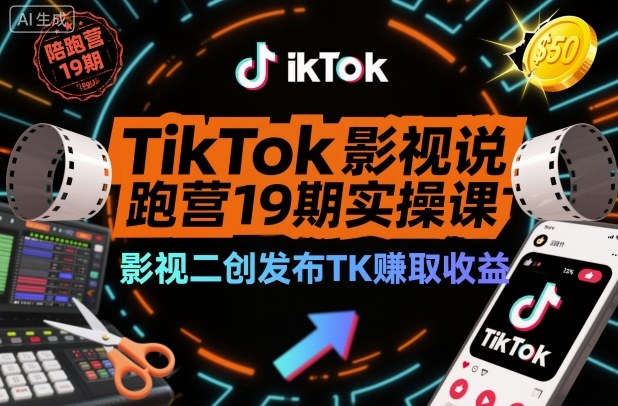 TikTok影视解说陪跑营19期实操课，影视二创发布TK賺取收益，万播收益50美金-16888副业资讯