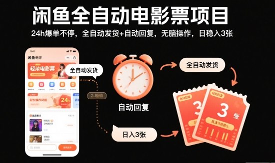 闲鱼全自动电影票项目，24h爆单不停，全自动发货+自动回复，无脑操作，日稳入3张【揭秘】-16888副业资讯