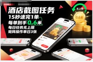 酒店截图任务,15秒速完1单,每单到手0.6米,每日任务无上限,全网首发玩法,矩阵操作单日3张【揭秘】-16888副业资讯