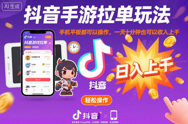 抖音手游拉单玩法，手机平板都可以操作，一天十分钟也可以收入上K【揭秘】-16888副业资讯