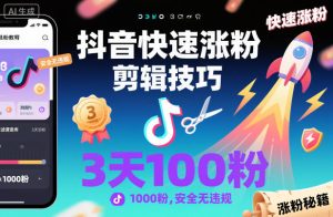 抖音快速涨粉剪辑技巧,3天1000粉,安全无违规-16888副业资讯