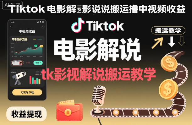 Tiktok电影解说搬运撸中视频收益，tk影视解说搬运教学-16888副业资讯