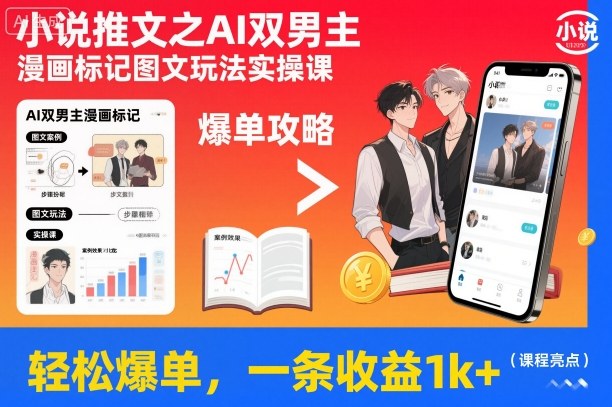 小说推文之AI双男主漫画标记图文玩法实操课，轻松爆单，一条收益1k+-16888副业资讯