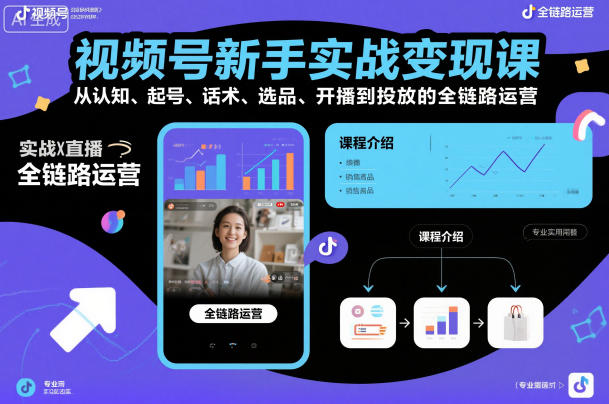 视频号新手实战变现课，从认知、起号、话术、选品、开播到投放的全链路运营-16888副业资讯
