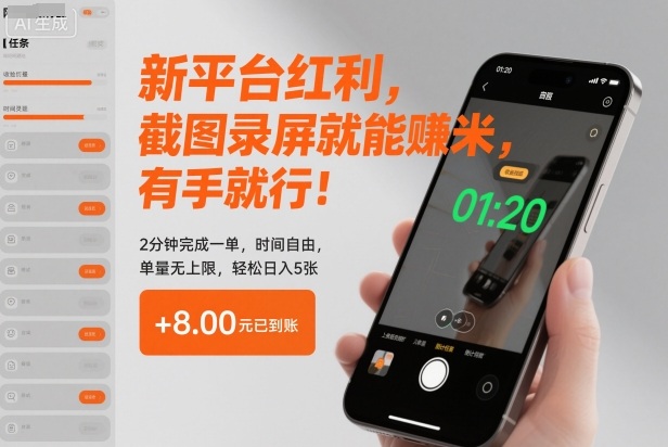 新平台红利，截图录屏就能賺米，有手就行！2分钟完成一单，时间自由，单量无上限，轻松日入5张【揭秘】-16888副业资讯