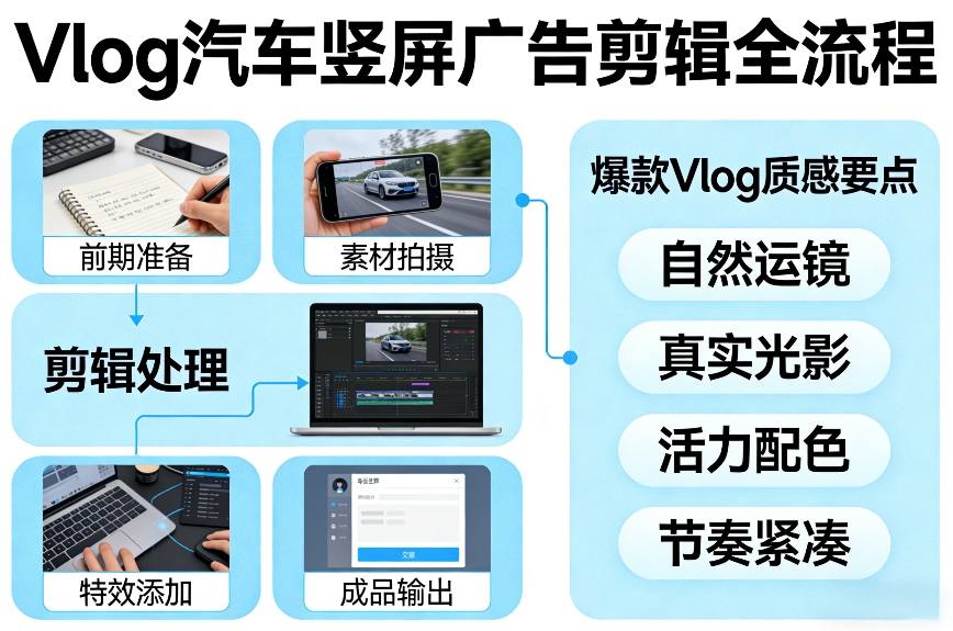 Vlog感觉汽车竖屏广告剪辑脚本全流程，拿捏爆款Vlog质感-16888副业资讯