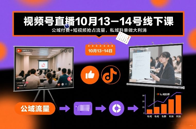视频号直播10月13-14号线下课，公域付费+短视频抢占流量，私域升单做大利消-16888副业资讯
