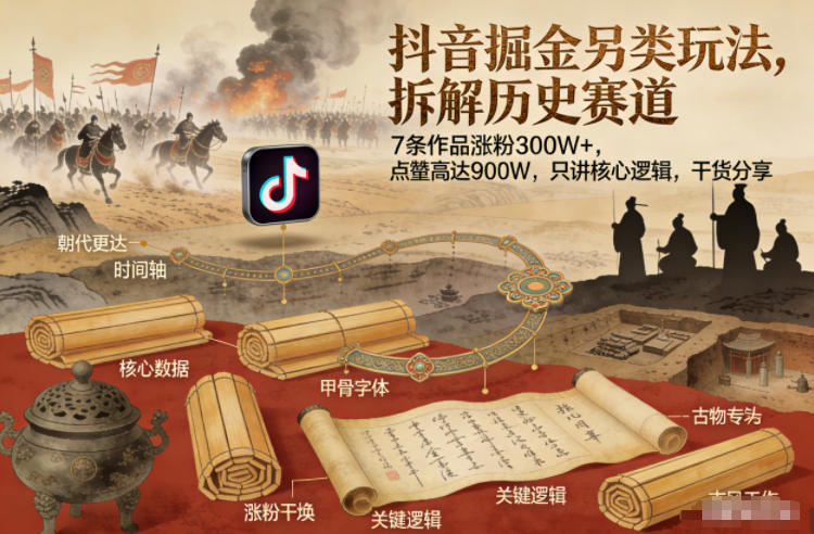 抖音掘金另类玩法，拆解历史赛道，7条作品涨粉300W+，点赞量高达900W，只讲核心逻辑，干货分享-16888副业资讯