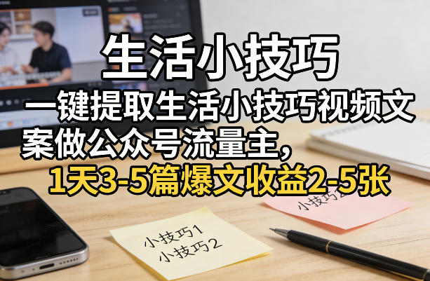 一键提取生活小技巧视频文案做公众号流量主，1天3-5篇爆文收益2-5张-16888副业资讯