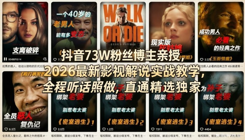 抖音73W粉丝博主亲授，2026最新影视解说实战教学，全程听话照做，直通精选独家-16888副业资讯